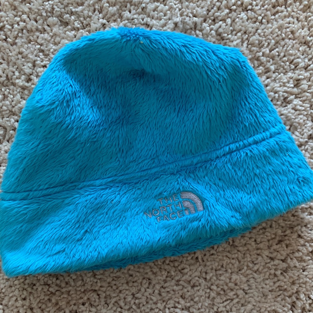 The North Face fluffy blue hat